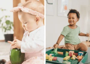 Two children,Toys,Green shirt,Pink bow